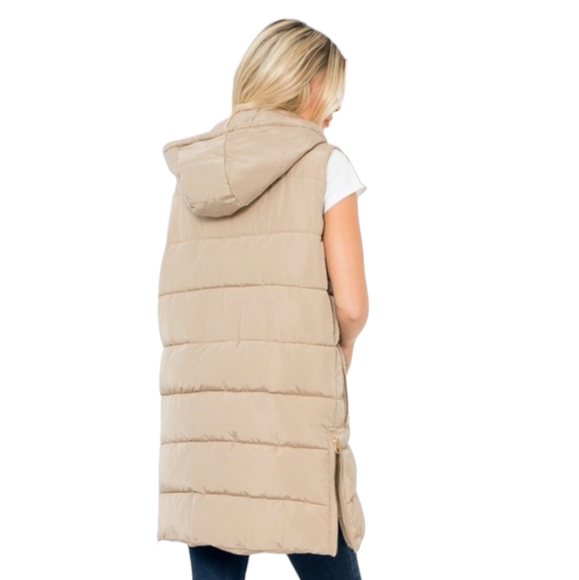 Women's Taupe Long Puffer Vest - Picture 5 of 11